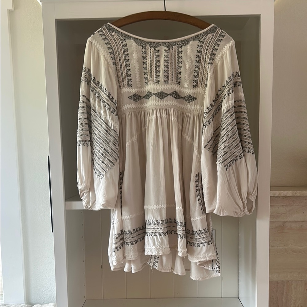 Free People Boho Embroidered Blouse - Cream and Black